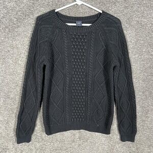 Gap Sweater Mens Medium Black 100% Cotton Cable Knit Fisherman Pullover 3D Chunk